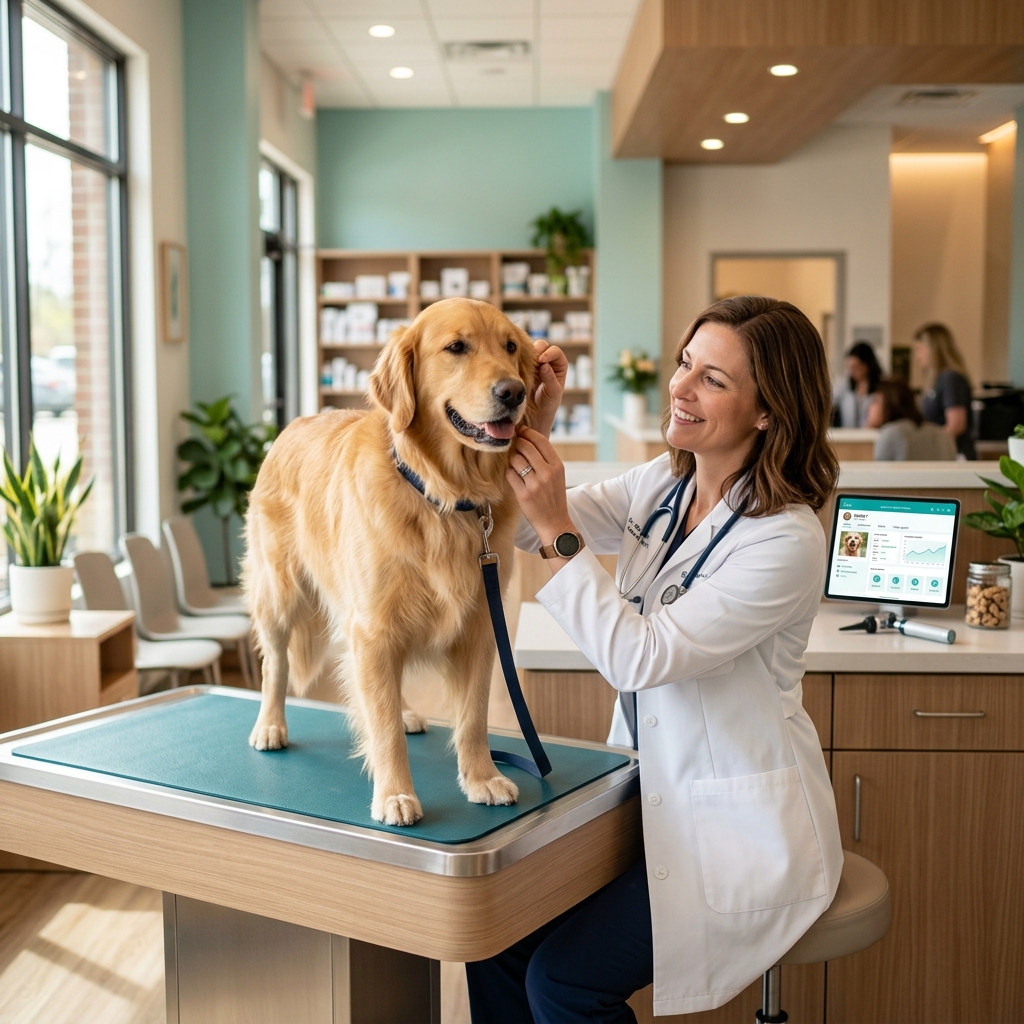 Veterinaria examinando un golden retriever en una clínica moderna con sistema Cartilla Vet en pantalla